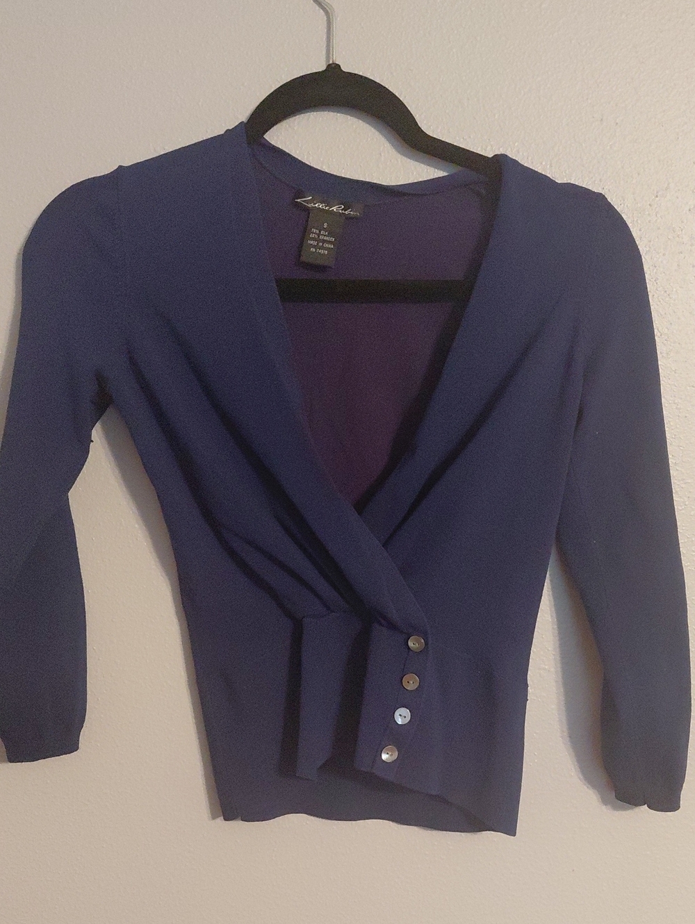 Liz Claiborne Navy V-Neck Wrap Sweater with Button Detail